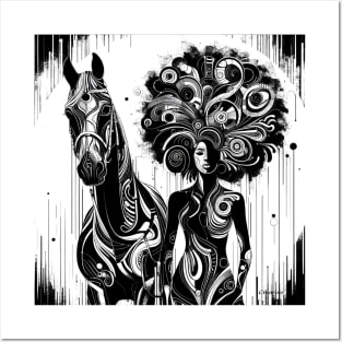 Afro queen and her horse by Charlotte VanRoss Posters and Art